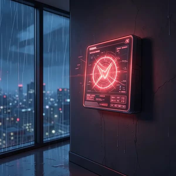 A high-tech security console displaying a pulsating red alert, reflecting the rain-streaked glass of a luxury penthouse window.