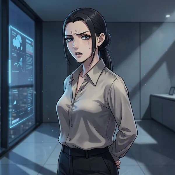 A woman with an expression of icy detachment standing in a dimly lit, high-security penthouse.