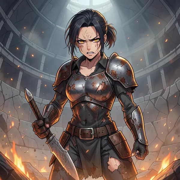 A battle-hardened female mercenary standing in a ruined arena, looking defiant and exhausted amidst cooling magical embers.