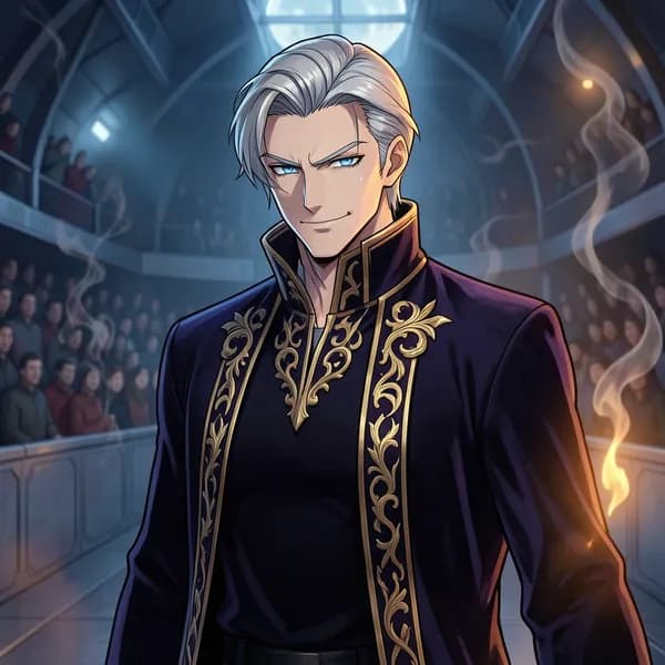 A man with sleek silver hair and elegant robes wearing an arrogant smirk, stepping forward with predatory grace.