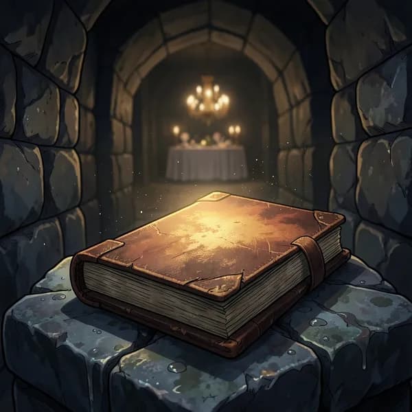 An antique leather-bound ledger resting on a cold, damp stone ledge in a dark, mysterious corridor.