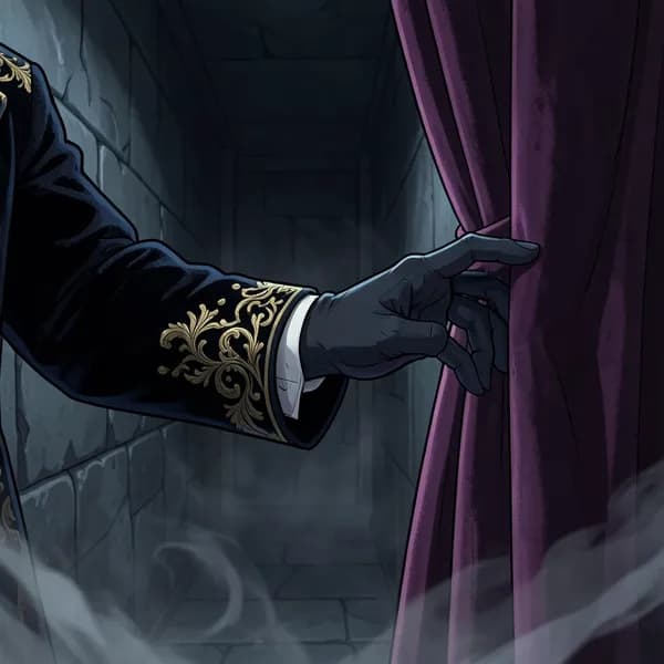 A man's hand in a dark velvet sleeve reaching out from the shadows of a heavy curtain.
