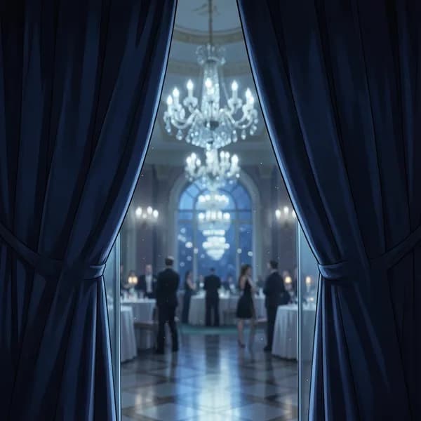 Heavy velvet curtains parted slightly, revealing a blurred, opulent ballroom under cold, artificial light.