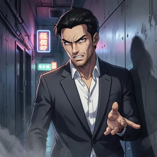 A man with sharp features standing in a dark, narrow corridor, illuminated by flickering neon light.