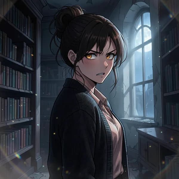 A young woman with a guarded expression standing in a library, looking over her shoulder at the encroaching shadows.