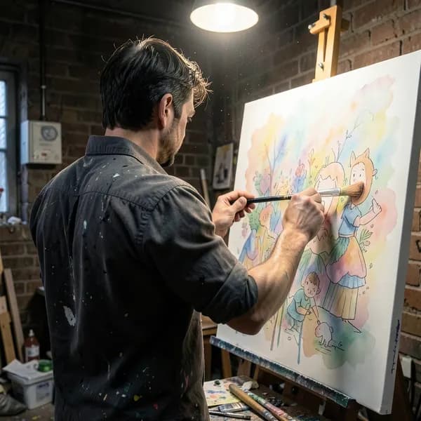 A male artist with a muscular build painting intensely on a large canvas in a dimly lit studio.