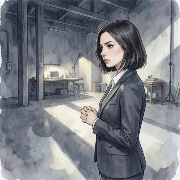 A female gallery assistant standing in the shadows of a studio, watching with a longing expression.