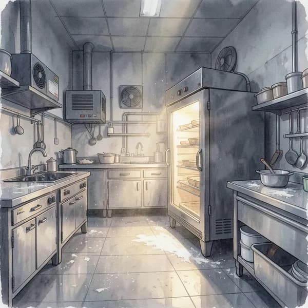 A quiet, empty professional bakery kitchen at 4:30 AM with glowing proofing cabinets.