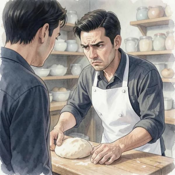 A young man in a chef's apron looking anxious while working at a bakery workbench.