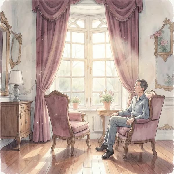 A sunlit parlor window with heavy curtains and dust motes dancing in the light, capturing a sense of tense anticipation.