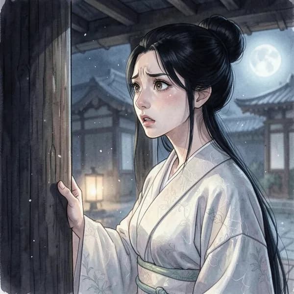 A woman in a pale silk kimono standing in the shadows, looking out with an expression of longing.