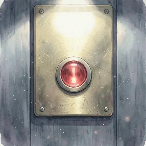 A close-up of a brass elevator control panel with glowing red emergency lights inside a dark cabin.