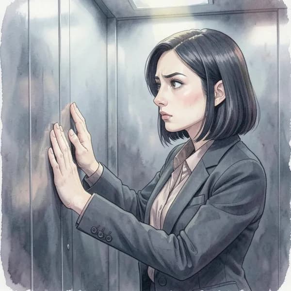A woman in a sharp professional blazer standing in a dark elevator, looking tense.