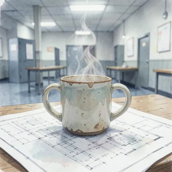A close-up of a steaming coffee mug resting on technical blueprints in a sterile, fluorescent-lit room.