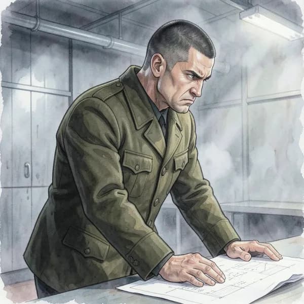 A military officer in a wool uniform stands with an intense, stoic expression, looking down at a table.