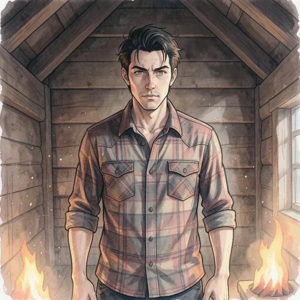 A rugged man in a flannel shirt standing in a rustic cabin, looking forward with an intense, steady gaze.