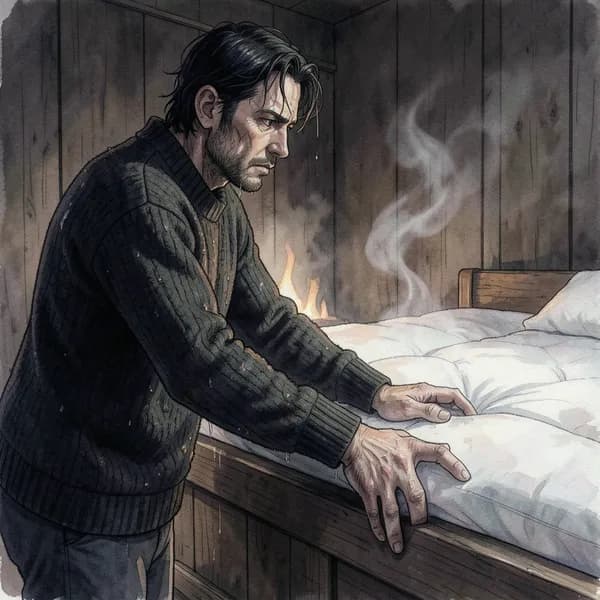 A man with disheveled hair stands by the edge of a bed, his hands resting on the wooden frame.