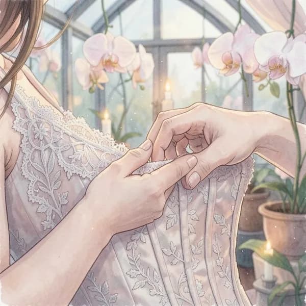 A close-up of a woman's hand tracing the intricate lace embroidery of a silk corset in a dimly lit conservatory.