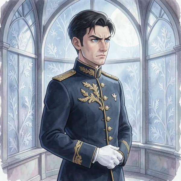 A man in a crisp, formal military-style uniform standing in a moonlit conservatory, looking troubled.