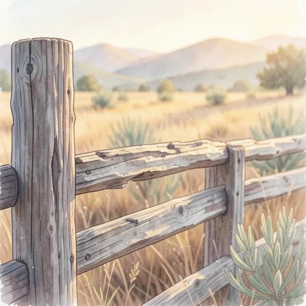 A rustic, splintered wooden fence in a sun-drenched paddock at golden hour.
