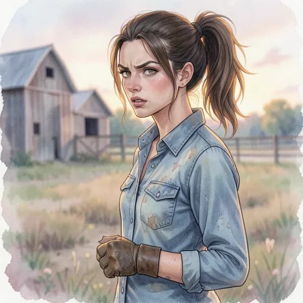 A woman in work clothes standing in a ranch yard, looking conflicted.