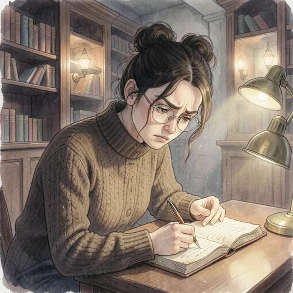 A young female doctoral student hunched over a desk in a dark, dusty archive, illuminated by a single flickering lamp.