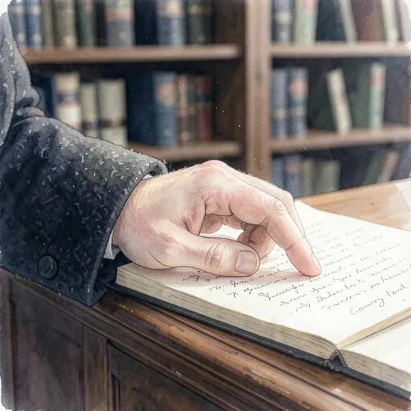 A close-up of a man's hand in a tailored wool coat sleeve resting on the edge of a desk, fingers near antique papers.