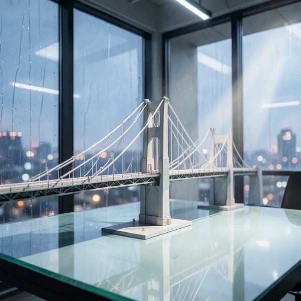 A detailed architectural model of a bridge on a glass desk with rainy city lights blurred in the background.