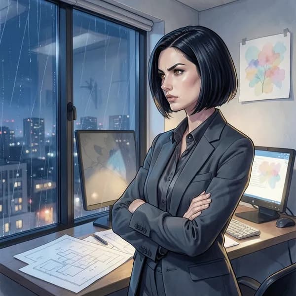 A woman with a sharp, determined expression looking out a glass window at night.