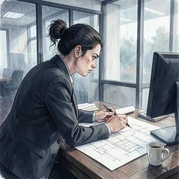 A young female architect working late at a drafting table, illuminated by the harsh glow of a computer screen.