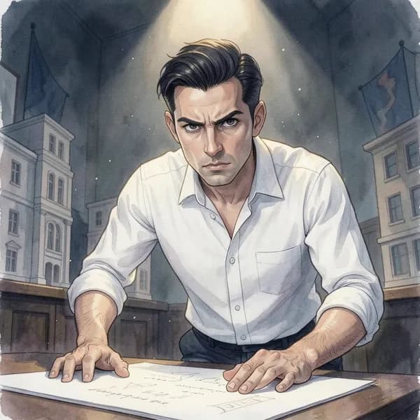A man in a crisp white shirt standing in a dimly lit office, his hand resting on a desk.