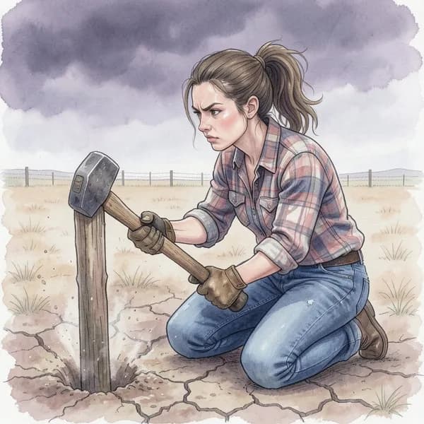A woman in 1950s work clothes kneeling in the dirt, hammering a fence post under a dark, stormy sky.