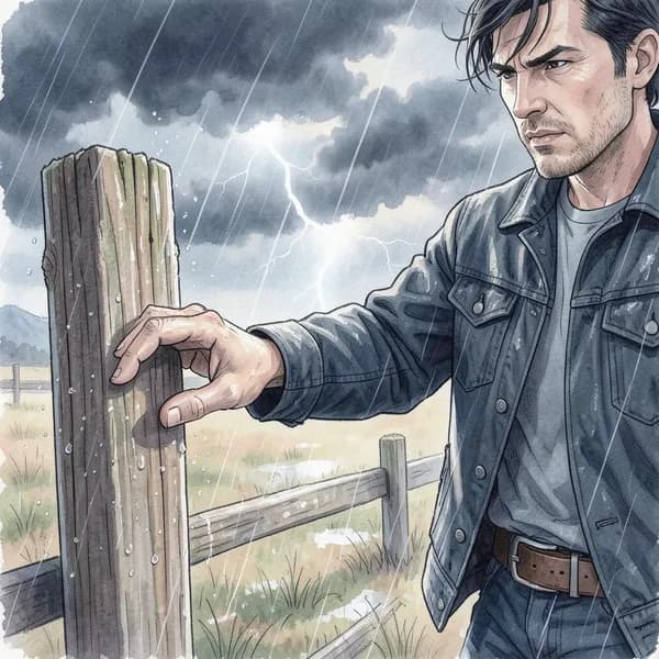 A man's hand reaching out to touch a fence post in the rain.