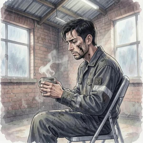 A weary male firefighter sitting alone in a dim industrial station, holding a coffee mug with soot on his jaw.