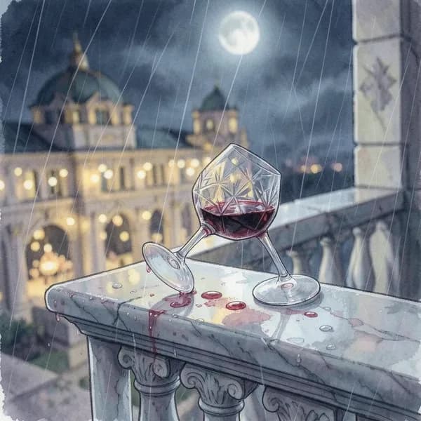 A crystal wine glass tipped over on a cold, ornate stone balcony railing, with red wine droplets staining the marble.