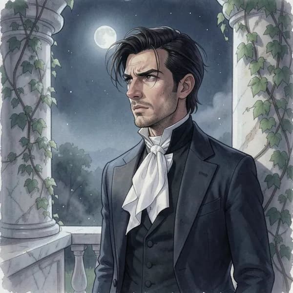 A man in formal Victorian attire with a loosened cravat standing in the shadows on a balcony.