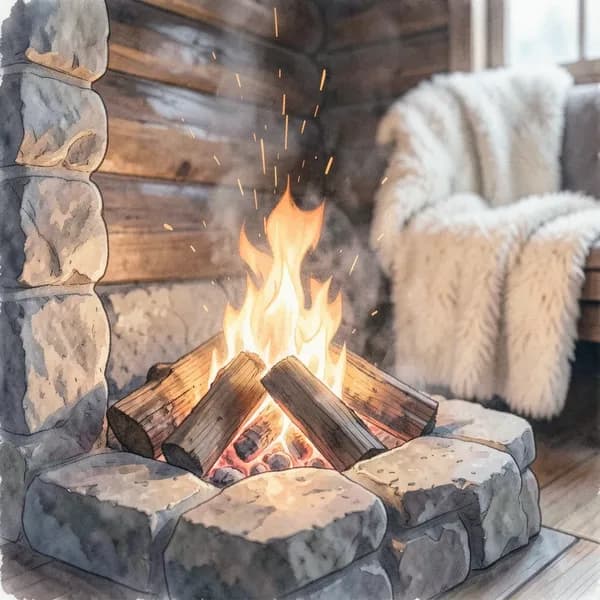 A close-up of a rustic stone hearth with crackling orange flames licking at dry cedar logs.