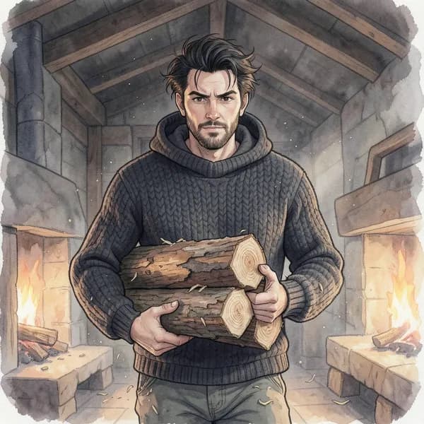 A rugged man carrying a stack of fresh cedar logs, walking through a dimly lit cabin.