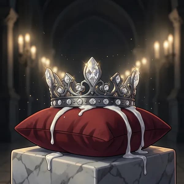 A heavy iron and diamond crown resting on a deep red velvet pillow, surrounded by cooling wax drips.