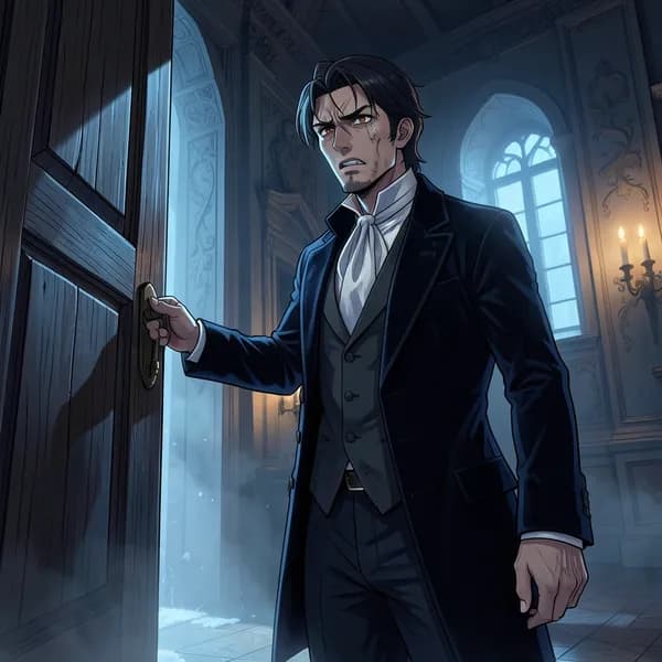 A young nobleman in formal attire standing near a heavy oak door, looking back with a conflicted expression.