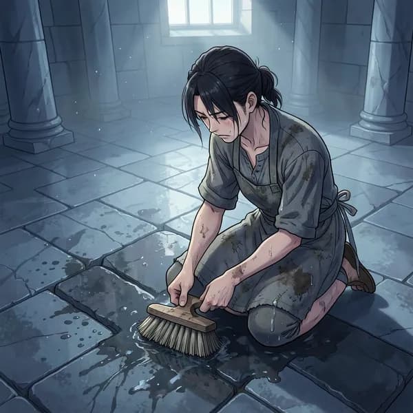 A young woman in a coarse, stained apron scrubs a cold stone floor with a stiff brush.