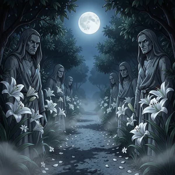 A quiet, moonlit garden path lined with white lilies and stone statues, creating a sense of hidden, dangerous beauty.