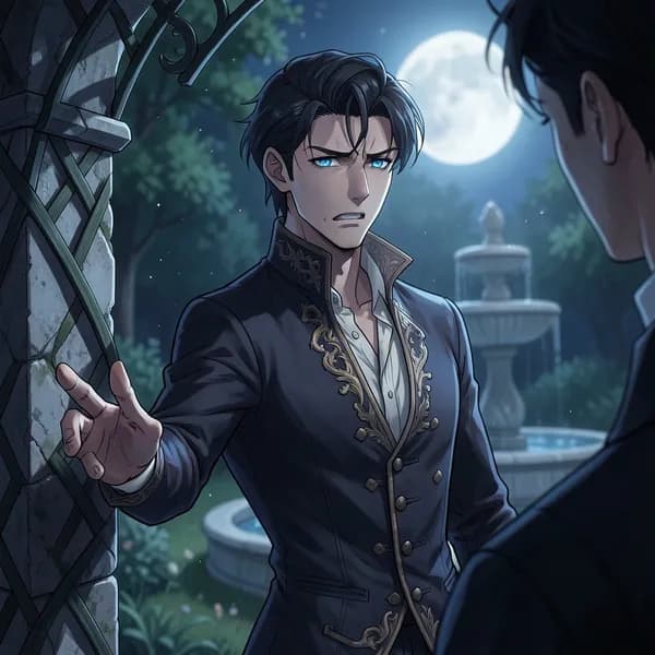 A nobleman in a silk doublet standing in the shadows of a garden trellis, looking conflicted and desperate.