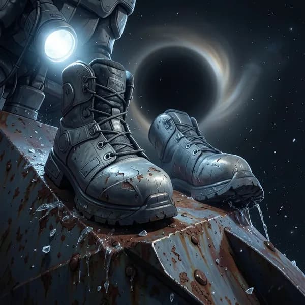 Heavy magnetic boots clamped onto a rusted ship hull with a distant event horizon in the background.
