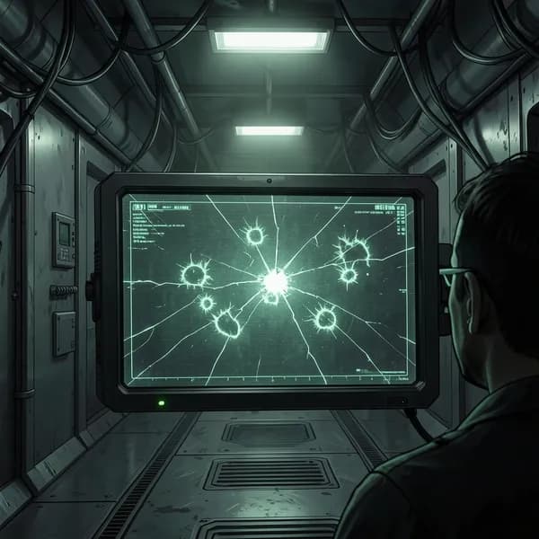 A flickering holographic terminal screen showing thirteen thermal heat signatures in a dark corridor.