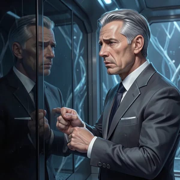A middle-aged human diplomat in a sharp, high-collared suit adjusts his cufflink while staring into a dark, reflective bulkhead.