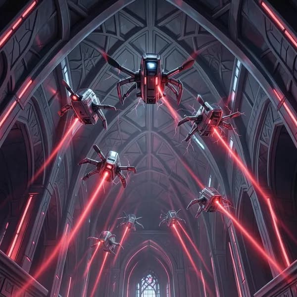 Sleek, multi-limbed security drones descending from the ceiling of a grand council chamber with glowing red optical sensors.