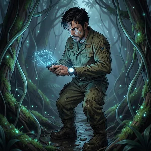A male planetary surveyor in worn, high-tech gear stands in a pulsating, mossy alien basin, checking his malfunctioning wrist display.