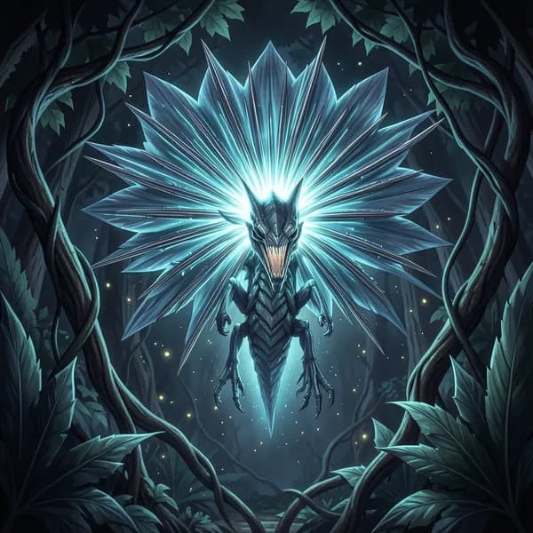 A massive, bioluminescent alien predator descends from the canopy, its petals unfurling to reveal rows of razor-sharp filaments.