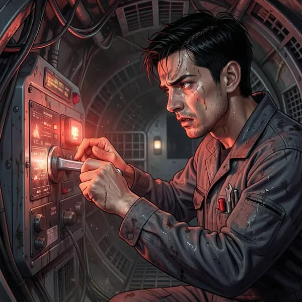 A weary technician works on a complex machine panel in a cramped, metallic space station shaft.